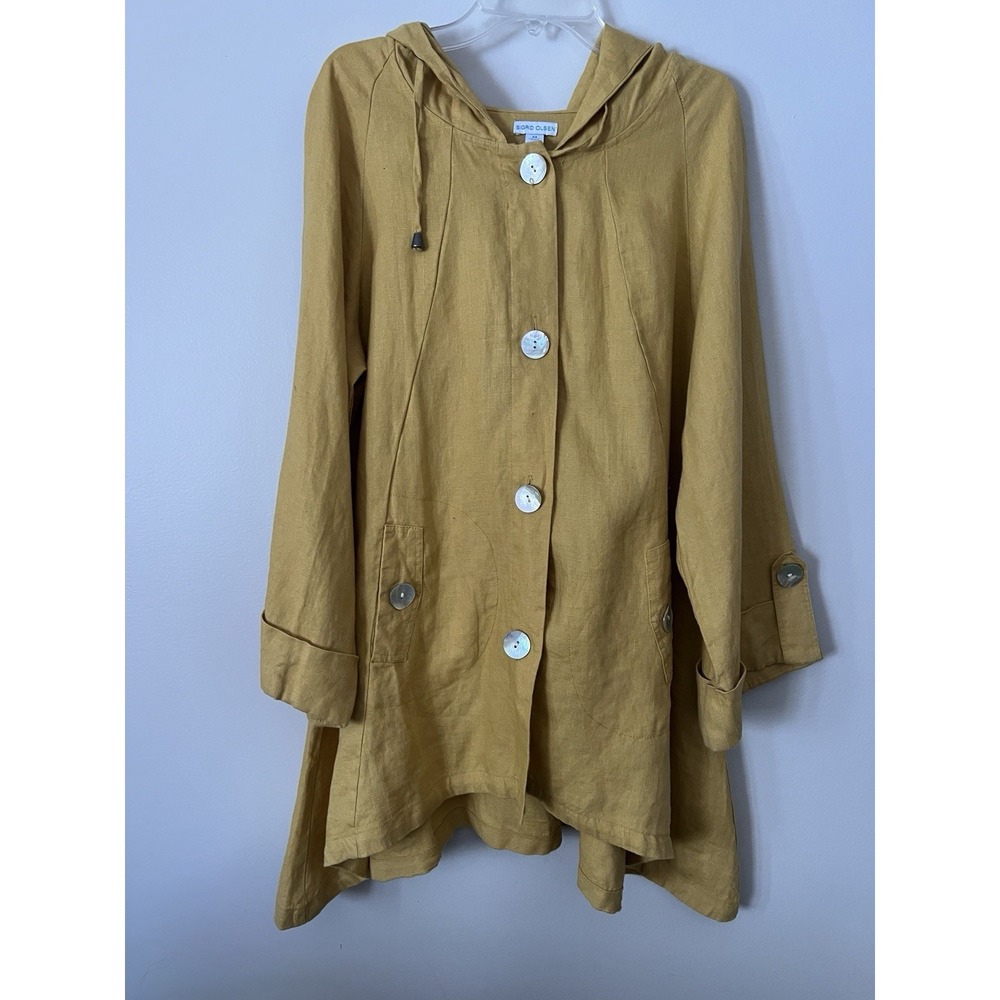 Sigrid Olsen Womens Hooded Button Up Yellow / Mustard 100% Linen Jacket Medium